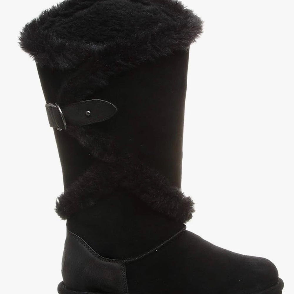 BearPaw Black Faux Fur Mid-Calf Winter Boots with Buckle Detail